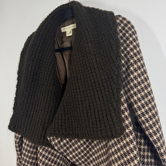 Vintage Stetson Brown Houndstooth Wool Blend Knit Collar Belted Coat Size S - Picture 11 of 14